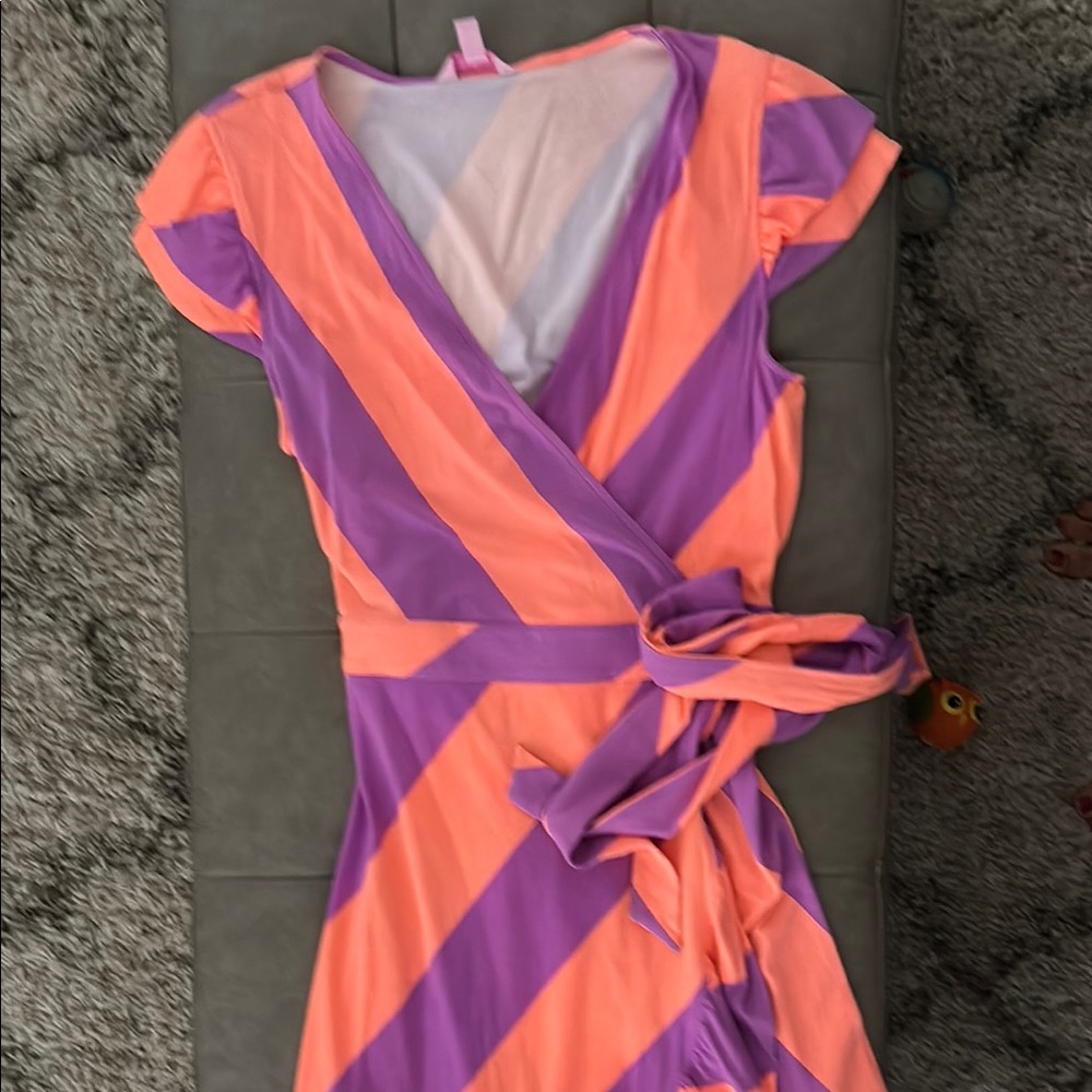 Lilly Pulitzer Orange and Pink Wrap Midi Dress with Puff Sleeves